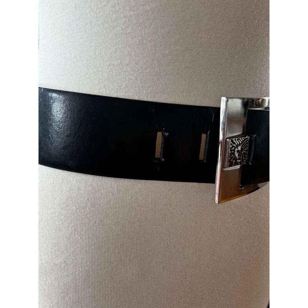 Vintage Anne Klein Black Leather Belt Silver Lion Buckle Minimalist 90s Small - Picture 5 of 6